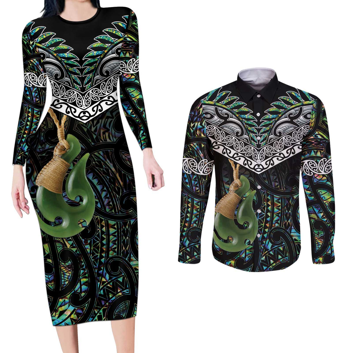 Personalised Maori Manaia Couples Matching Long Sleeve Bodycon Dress and Long Sleeve Button Shirt New Zealand Tribal Hei Matau Papua Shell LT9 Green - Polynesian Pride