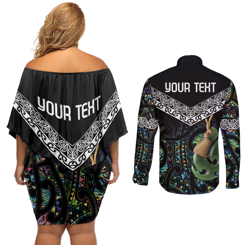 Personalised Maori Manaia Couples Matching Off Shoulder Short Dress and Long Sleeve Button Shirt New Zealand Tribal Hei Matau Papua Shell LT9 - Polynesian Pride