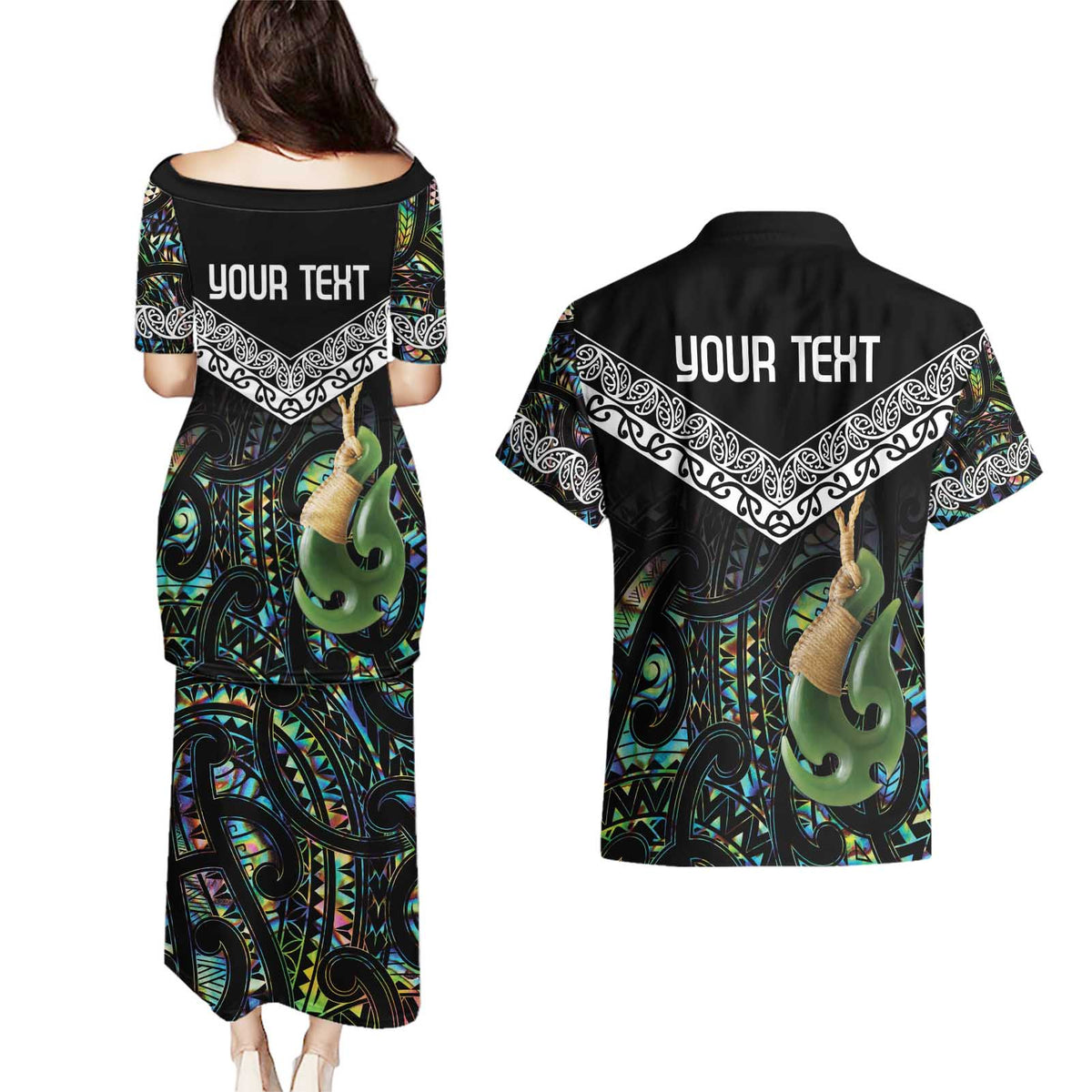 Personalised Maori Manaia Couples Matching Puletasi and Hawaiian Shirt New Zealand Tribal Hei Matau Papua Shell LT9 - Polynesian Pride