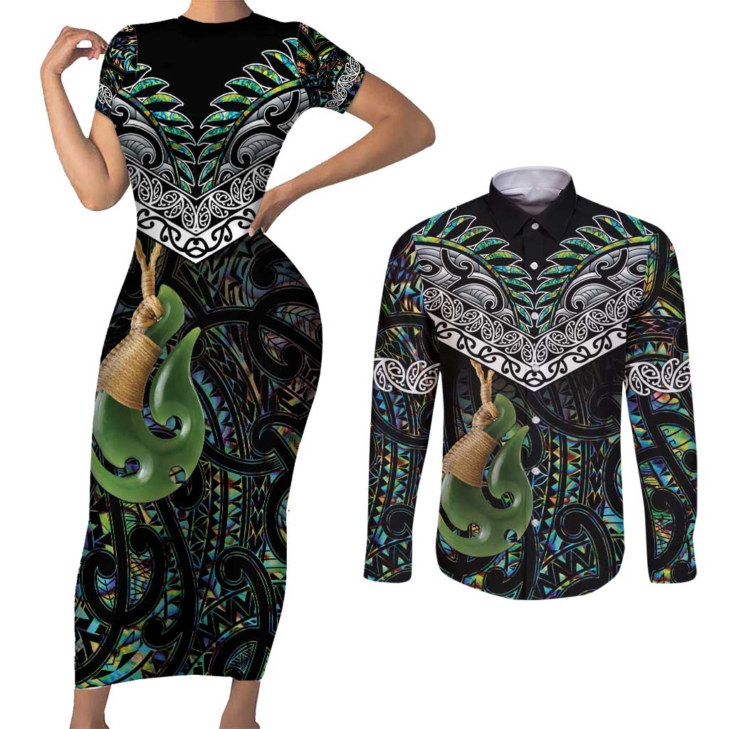 Personalised Maori Manaia Couples Matching Short Sleeve Bodycon Dress and Long Sleeve Button Shirt New Zealand Tribal Hei Matau Papua Shell LT9 Green - Polynesian Pride