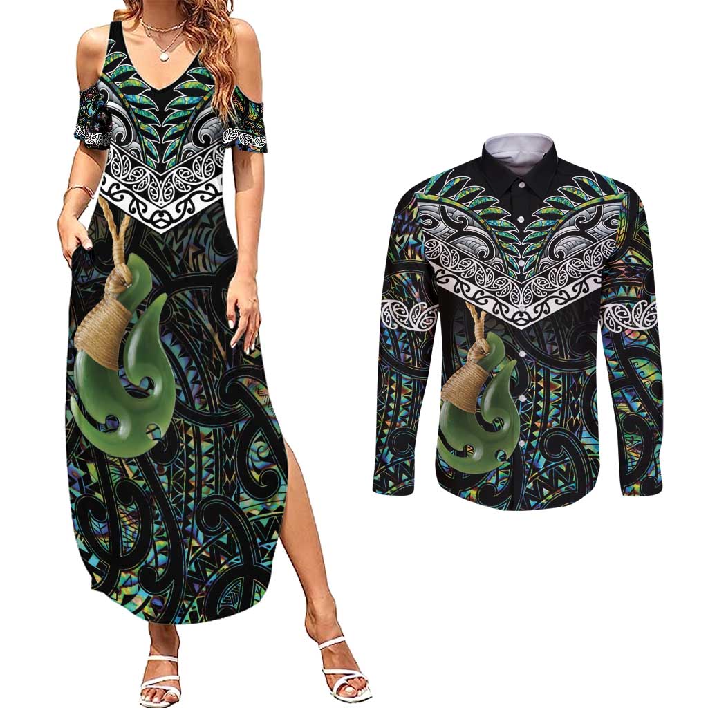 Personalised Maori Manaia Couples Matching Summer Maxi Dress and Long Sleeve Button Shirt New Zealand Tribal Hei Matau Papua Shell LT9 Green - Polynesian Pride