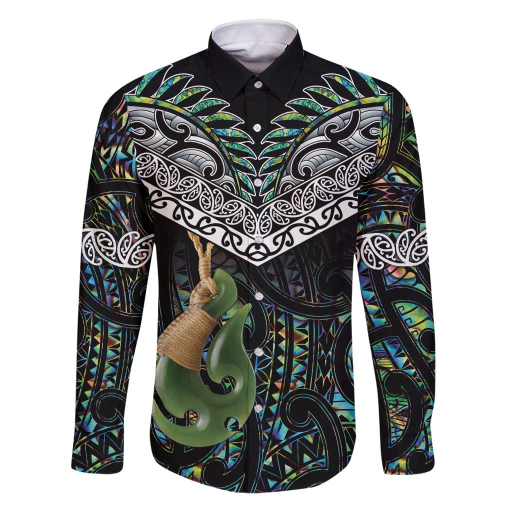 Personalised Maori Manaia Family Matching Long Sleeve Bodycon Dress and Hawaiian Shirt New Zealand Tribal Hei Matau Papua Shell LT9 Dad's Shirt - Long Sleeve Green - Polynesian Pride