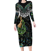 Personalised Maori Manaia Family Matching Long Sleeve Bodycon Dress and Hawaiian Shirt New Zealand Tribal Hei Matau Papua Shell LT9 Mom's Dress Green - Polynesian Pride