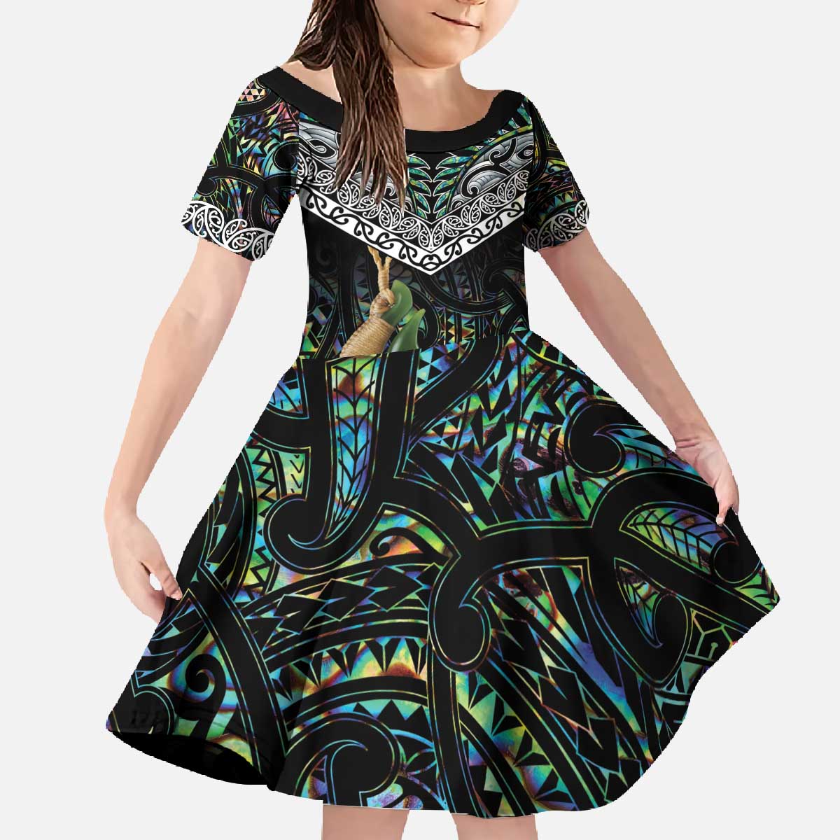 Personalised Maori Manaia Family Matching Off The Shoulder Long Sleeve Dress and Hawaiian Shirt New Zealand Tribal Hei Matau Papua Shell LT9 Daughter's Dress Green - Polynesian Pride