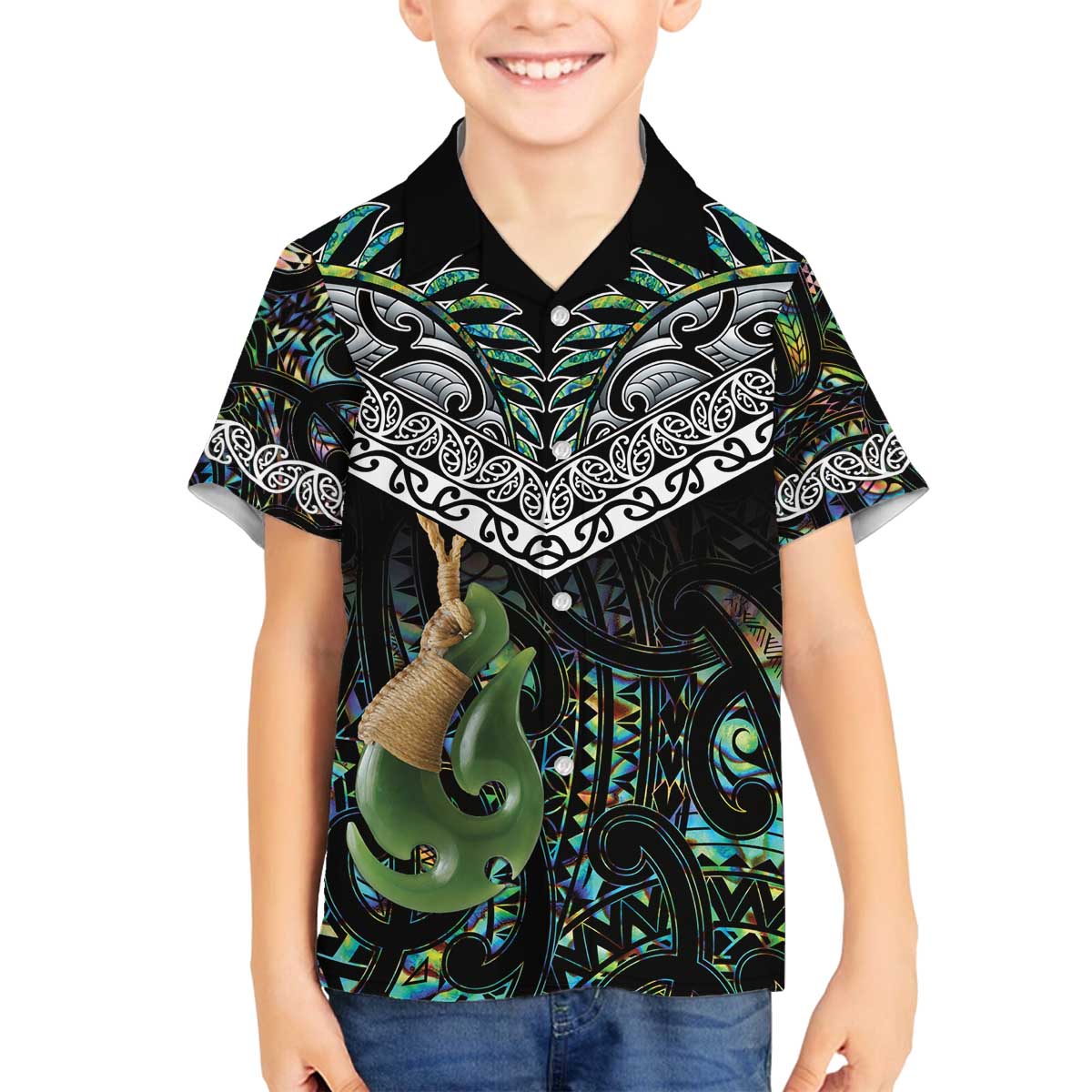 Personalised Maori Manaia Family Matching Off The Shoulder Long Sleeve Dress and Hawaiian Shirt New Zealand Tribal Hei Matau Papua Shell LT9 Son's Shirt Green - Polynesian Pride