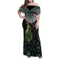 Personalised Maori Manaia Family Matching Off Shoulder Maxi Dress and Hawaiian Shirt New Zealand Tribal Hei Matau Papua Shell LT9 Mom's Dress Green - Polynesian Pride