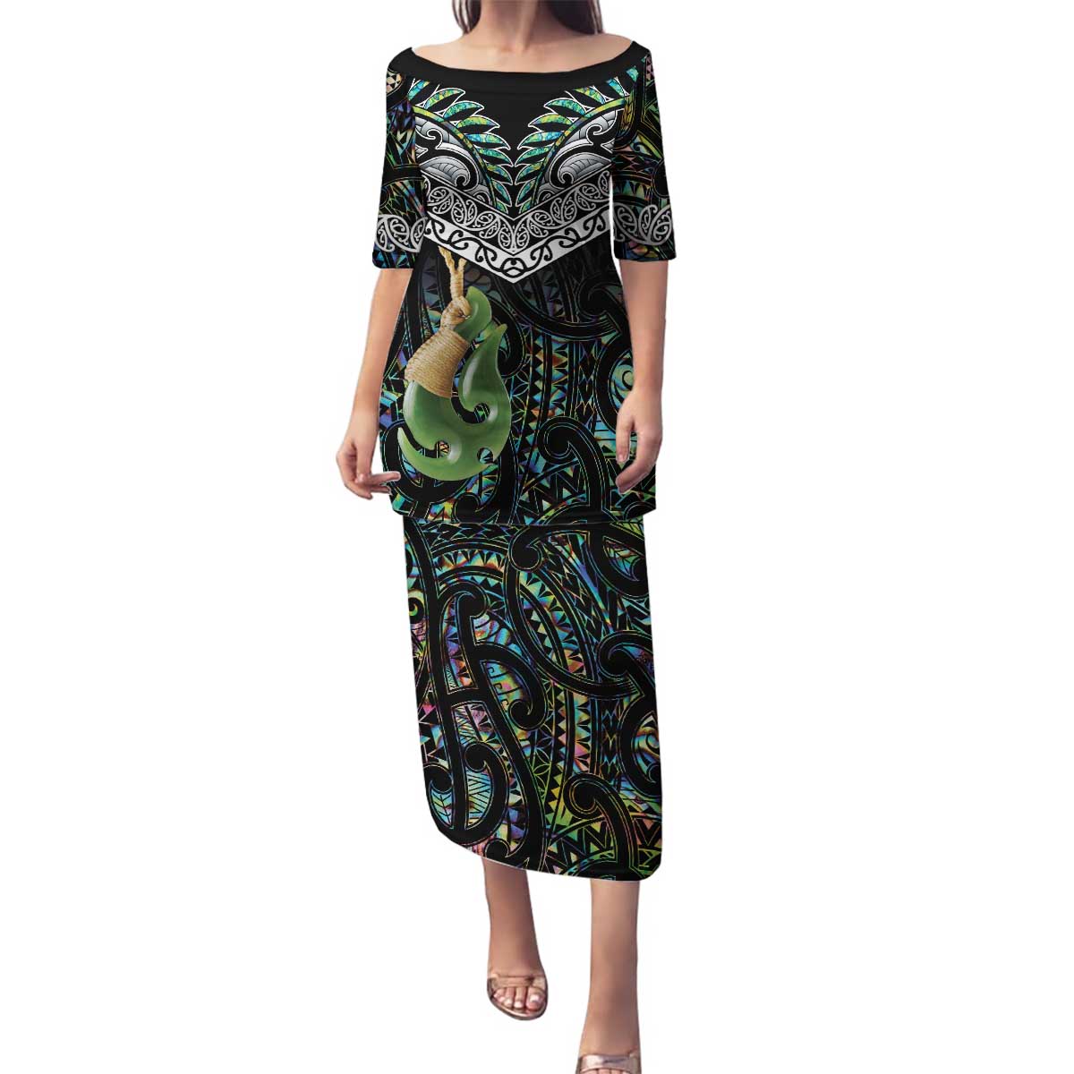 Personalised Maori Manaia Family Matching Puletasi and Hawaiian Shirt New Zealand Tribal Hei Matau Papua Shell LT9 Mom's Dress Green - Polynesian Pride