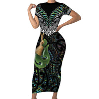 Personalised Maori Manaia Family Matching Short Sleeve Bodycon Dress and Hawaiian Shirt New Zealand Tribal Hei Matau Papua Shell LT9 Mom's Dress Green - Polynesian Pride