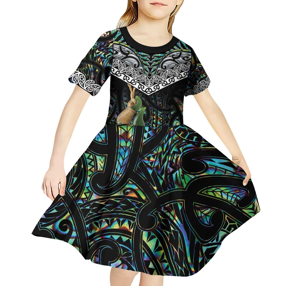 Personalised Maori Manaia Kid Short Sleeve Dress New Zealand Tribal Hei Matau Papua Shell LT9 - Polynesian Pride