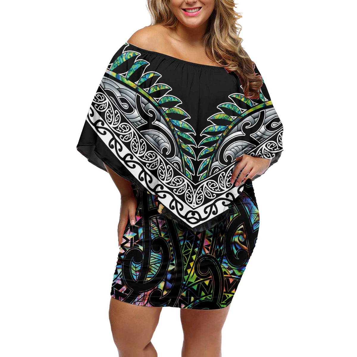 Personalised Maori Manaia Off Shoulder Short Dress New Zealand Tribal Hei Matau Papua Shell LT9 Women Green - Polynesian Pride