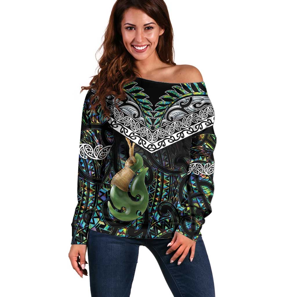 Personalised Maori Manaia Off Shoulder Sweater New Zealand Tribal Hei Matau Papua Shell LT9 Women Green - Polynesian Pride