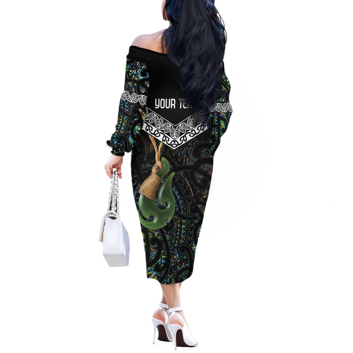 Personalised Maori Manaia Off The Shoulder Long Sleeve Dress New Zealand Tribal Hei Matau Papua Shell LT9 - Polynesian Pride