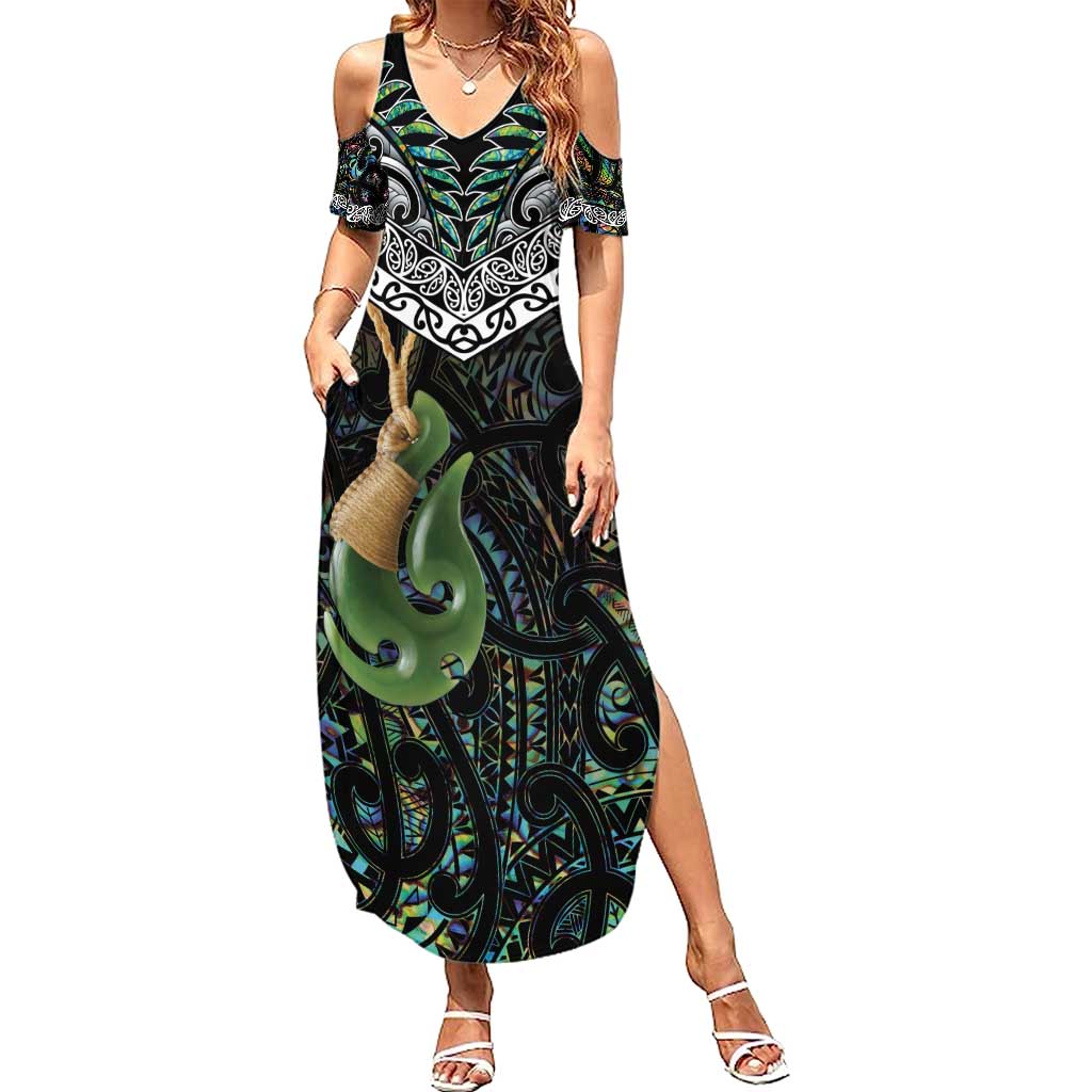 Personalised Maori Manaia Summer Maxi Dress New Zealand Tribal Hei Matau Papua Shell LT9 Women Green - Polynesian Pride