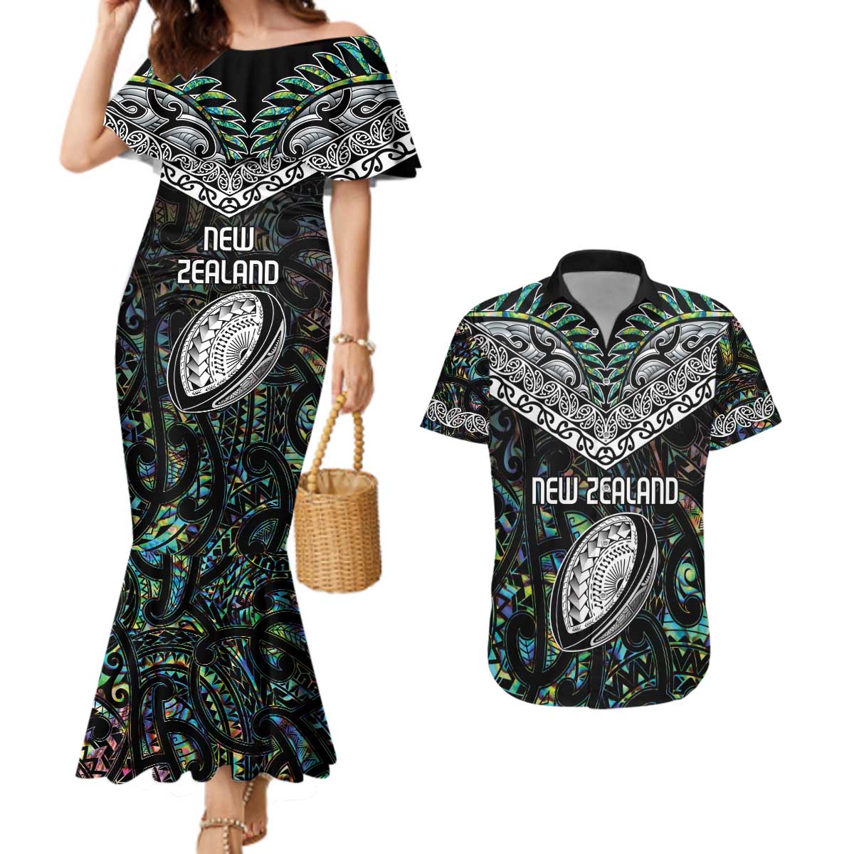 Custom New Zealand Couples Matching Mermaid Dress and Hawaiian Shirt Maori Rugby Tattoo Papua Shell LT9 Green - Polynesian Pride