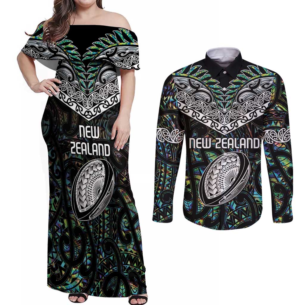 Custom New Zealand Couples Matching Off Shoulder Maxi Dress and Long Sleeve Button Shirt Maori Rugby Tattoo Papua Shell LT9 Green - Polynesian Pride