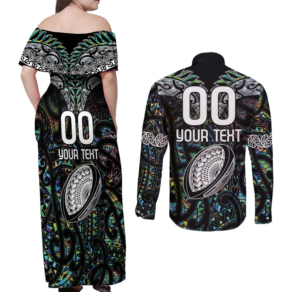 Custom New Zealand Couples Matching Off Shoulder Maxi Dress and Long Sleeve Button Shirt Maori Rugby Tattoo Papua Shell LT9 - Polynesian Pride