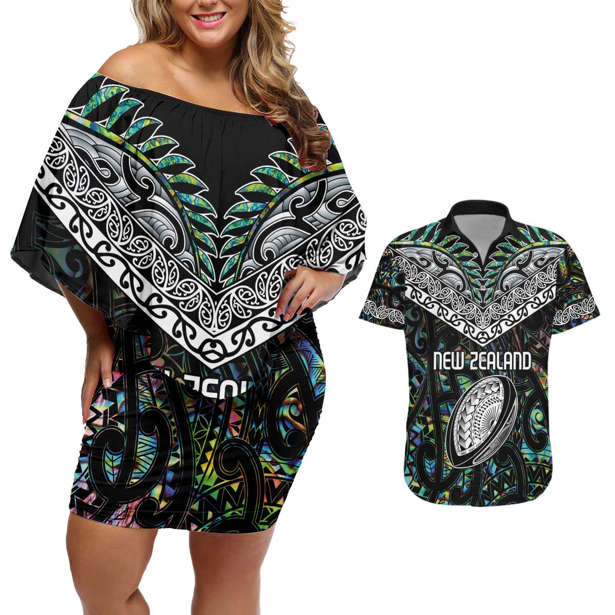 Custom New Zealand Couples Matching Off Shoulder Short Dress and Hawaiian Shirt Maori Rugby Tattoo Papua Shell LT9 Green - Polynesian Pride
