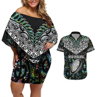 Custom New Zealand Couples Matching Off Shoulder Short Dress and Hawaiian Shirt Maori Rugby Tattoo Papua Shell LT9 Green - Polynesian Pride