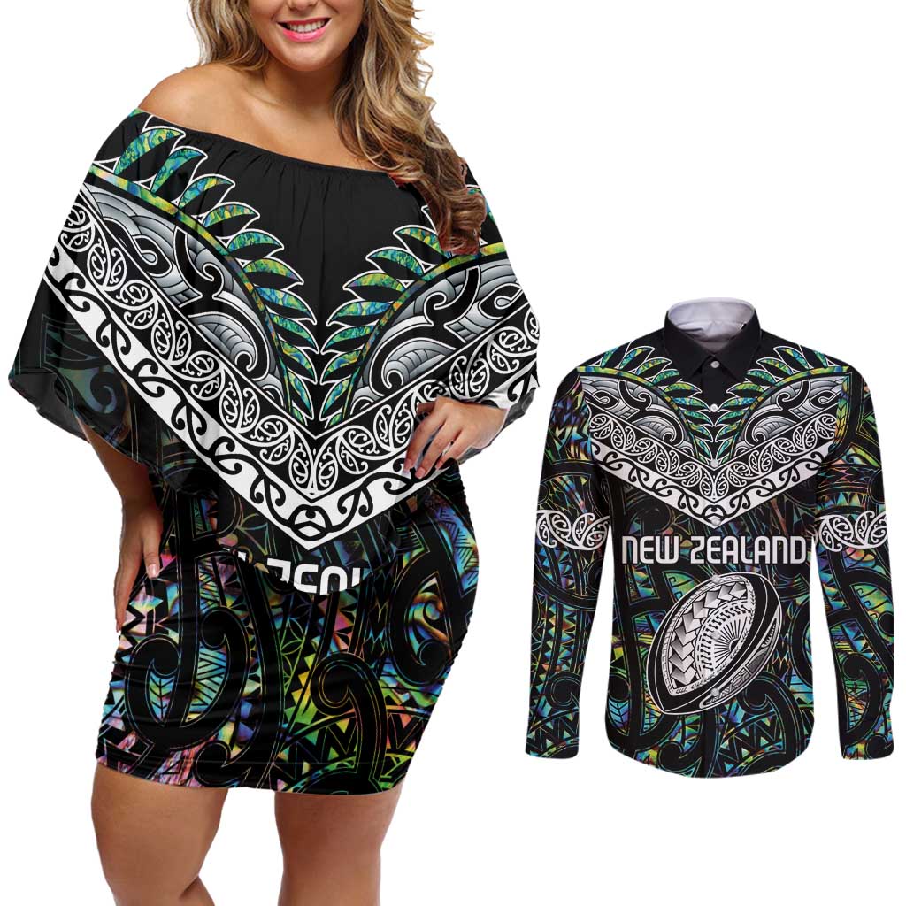 Custom New Zealand Couples Matching Off Shoulder Short Dress and Long Sleeve Button Shirt Maori Rugby Tattoo Papua Shell LT9 Green - Polynesian Pride