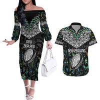 Custom New Zealand Couples Matching Off The Shoulder Long Sleeve Dress and Hawaiian Shirt Maori Rugby Tattoo Papua Shell LT9 Green - Polynesian Pride