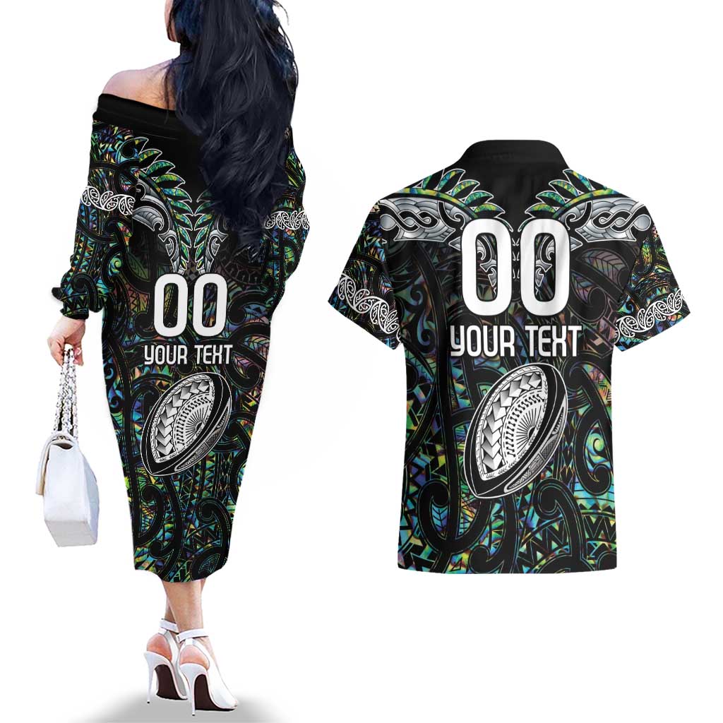 Custom New Zealand Couples Matching Off The Shoulder Long Sleeve Dress and Hawaiian Shirt Maori Rugby Tattoo Papua Shell LT9 - Polynesian Pride