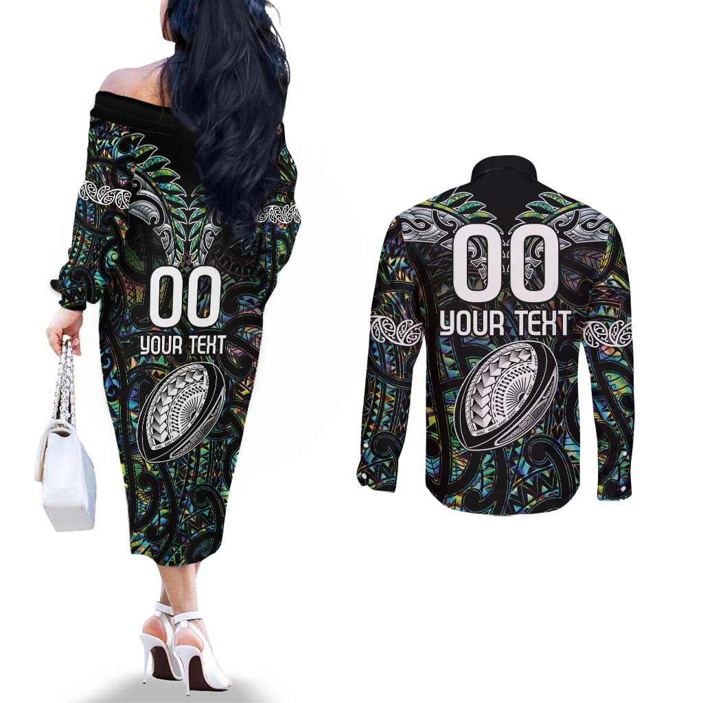Custom New Zealand Couples Matching Off The Shoulder Long Sleeve Dress and Long Sleeve Button Shirt Maori Rugby Tattoo Papua Shell LT9 - Polynesian Pride