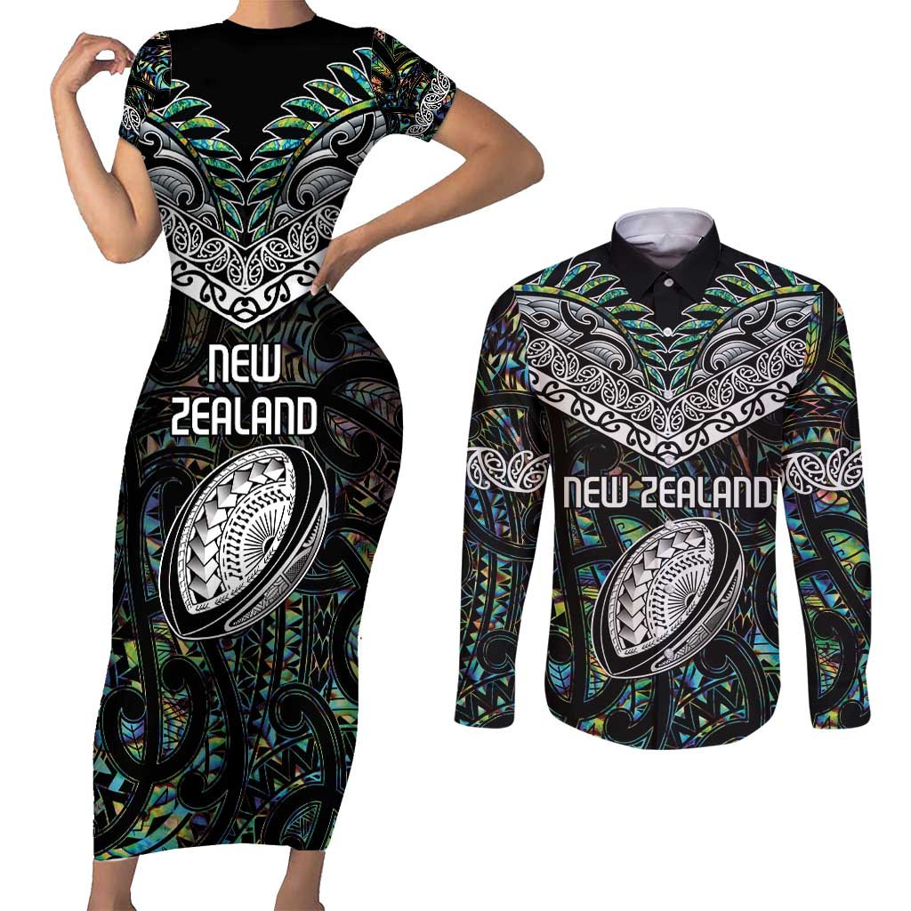 Custom New Zealand Couples Matching Short Sleeve Bodycon Dress and Long Sleeve Button Shirt Maori Rugby Tattoo Papua Shell LT9 Green - Polynesian Pride
