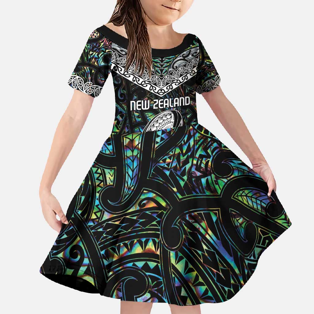 Custom New Zealand Family Matching Mermaid Dress and Hawaiian Shirt Maori Rugby Tattoo Papua Shell LT9 Daughter's Dress Green - Polynesian Pride
