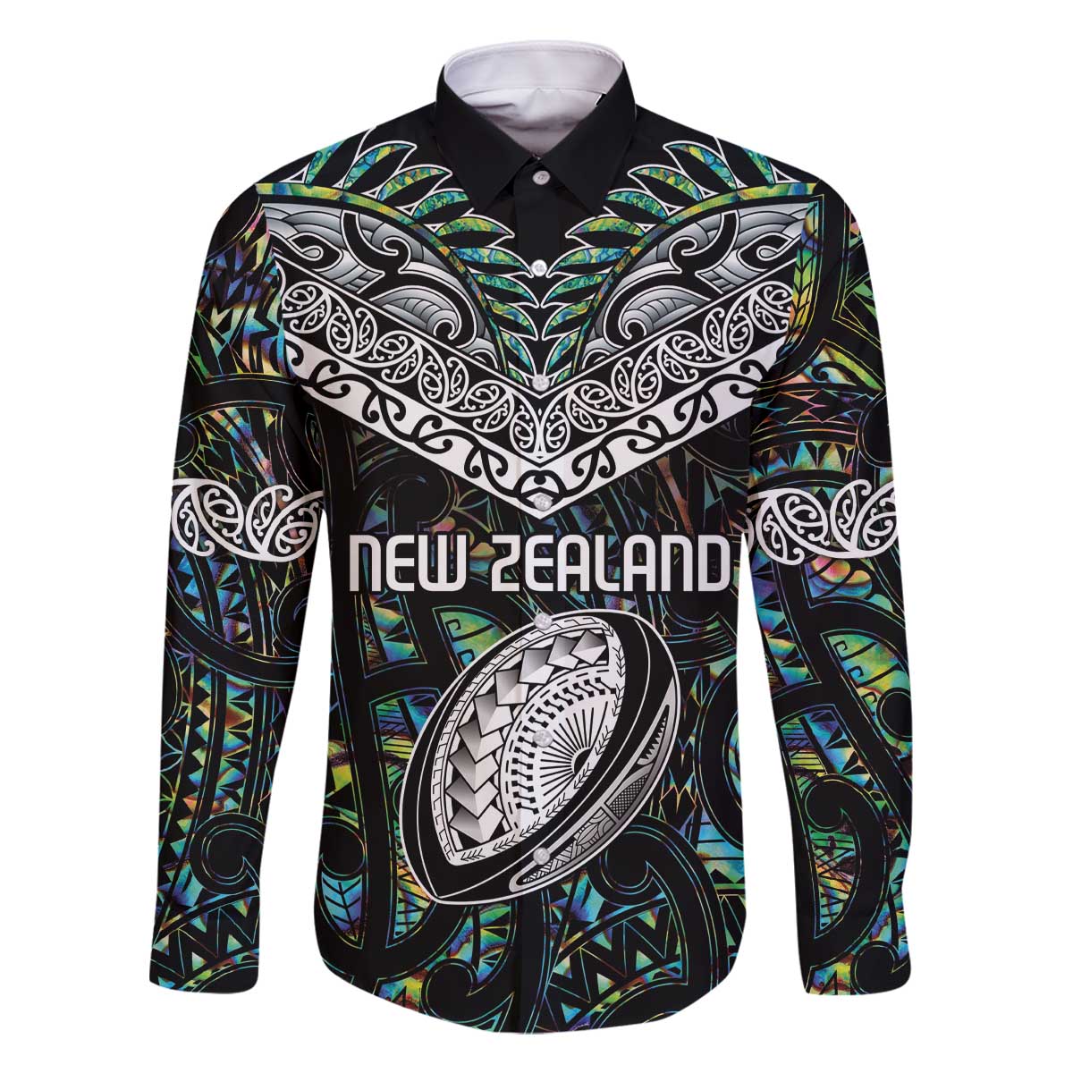 Custom New Zealand Family Matching Off The Shoulder Long Sleeve Dress and Hawaiian Shirt Maori Rugby Tattoo Papua Shell LT9 Dad's Shirt - Long Sleeve Green - Polynesian Pride