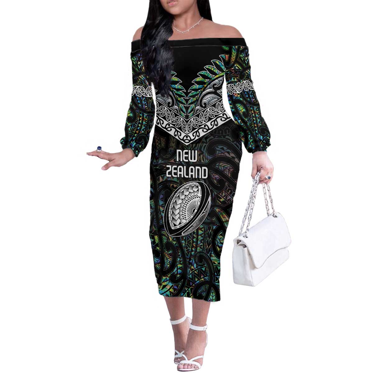 Custom New Zealand Family Matching Off The Shoulder Long Sleeve Dress and Hawaiian Shirt Maori Rugby Tattoo Papua Shell LT9 Mom's Dress Green - Polynesian Pride