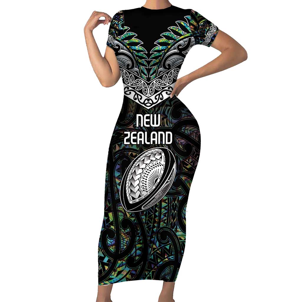 Custom New Zealand Family Matching Short Sleeve Bodycon Dress and Hawaiian Shirt Maori Rugby Tattoo Papua Shell LT9 Mom's Dress Green - Polynesian Pride