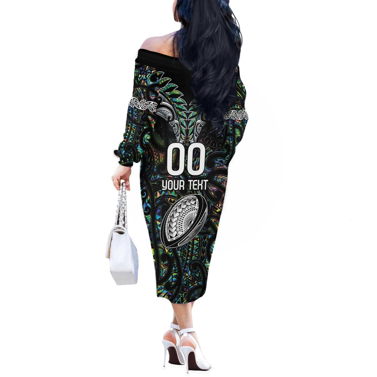 Custom New Zealand Off The Shoulder Long Sleeve Dress Maori Rugby Tattoo Papua Shell LT9 - Polynesian Pride