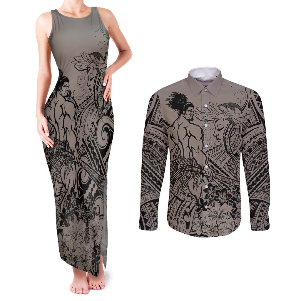 Beauty and The Warrior Polynesian Valentine Couples Matching Tank Maxi Dress and Long Sleeve Button Shirt Hibiscus FLowers Brown Style LT9 Brown - Polynesian Pride