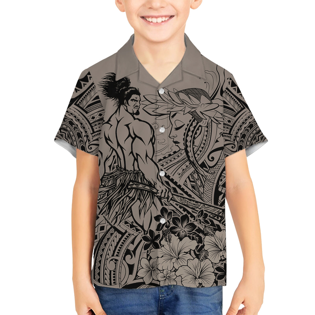 Beauty and The Warrior Polynesian Valentine Family Matching Off Shoulder Long Sleeve Dress and Hawaiian Shirt Hibiscus FLowers Brown Style LT9 Son's Shirt Brown - Polynesian Pride