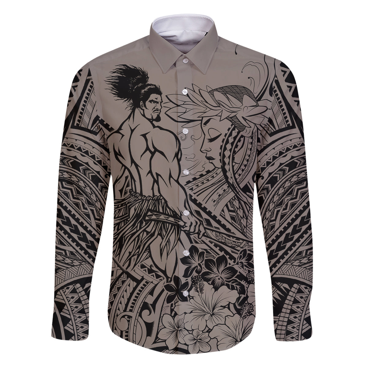 Beauty and The Warrior Polynesian Valentine Family Matching Summer Maxi Dress and Hawaiian Shirt Hibiscus FLowers Brown Style LT9 Dad's Shirt - Long Sleeve Brown - Polynesian Pride