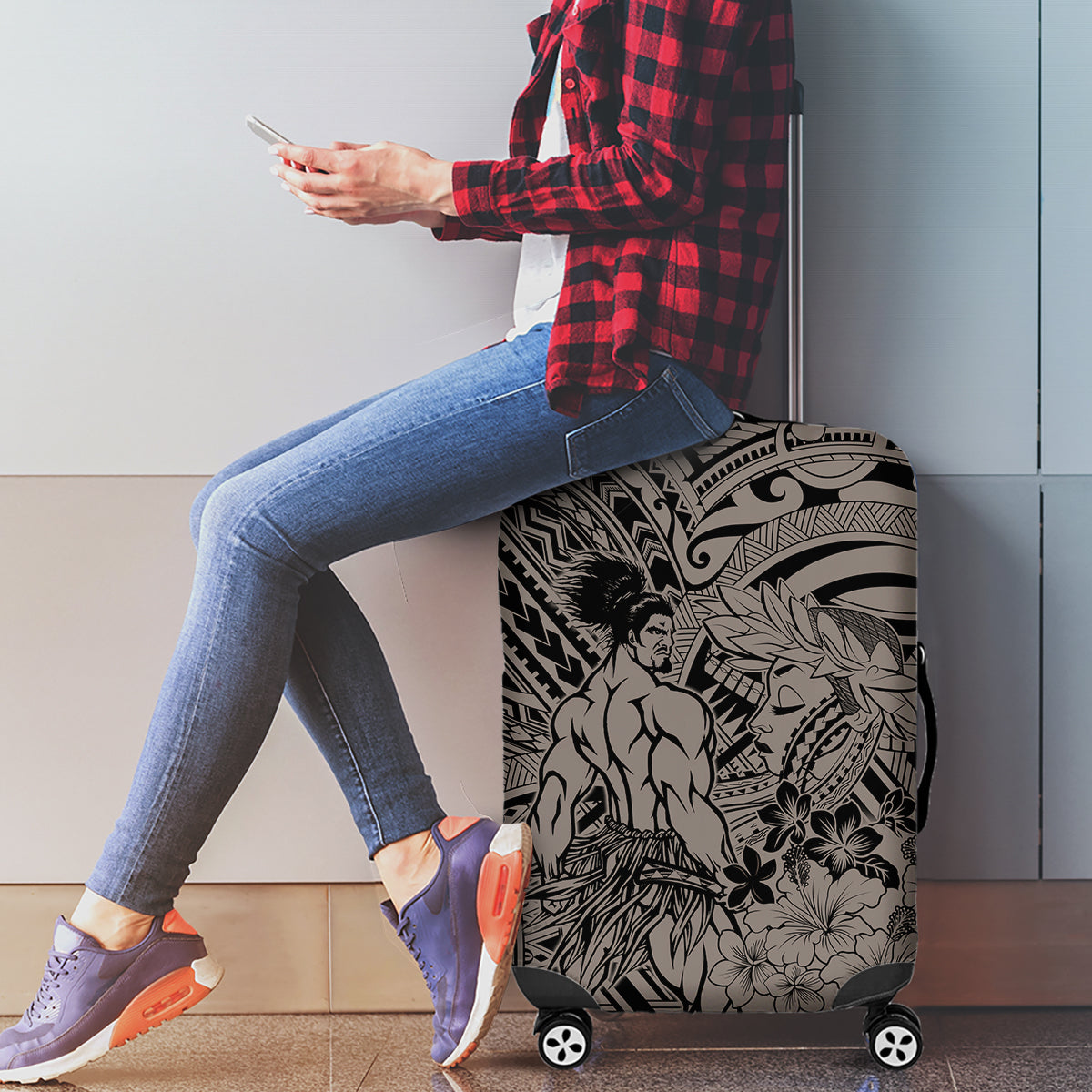 Beauty and The Warrior Polynesian Valentine Luggage Cover Hibiscus FLowers Brown Style LT9 - Polynesian Pride