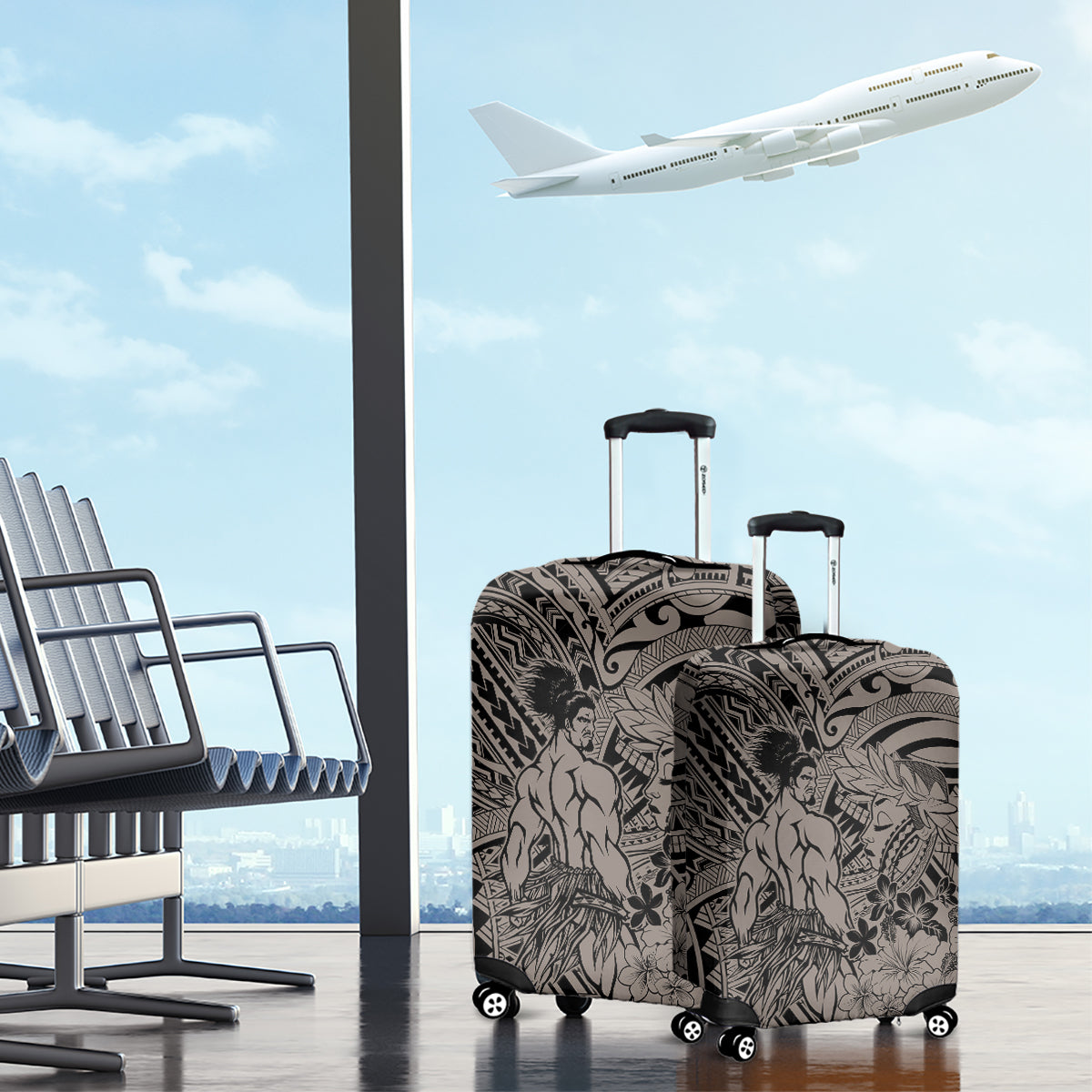 Beauty and The Warrior Polynesian Valentine Luggage Cover Hibiscus FLowers Brown Style LT9 - Polynesian Pride