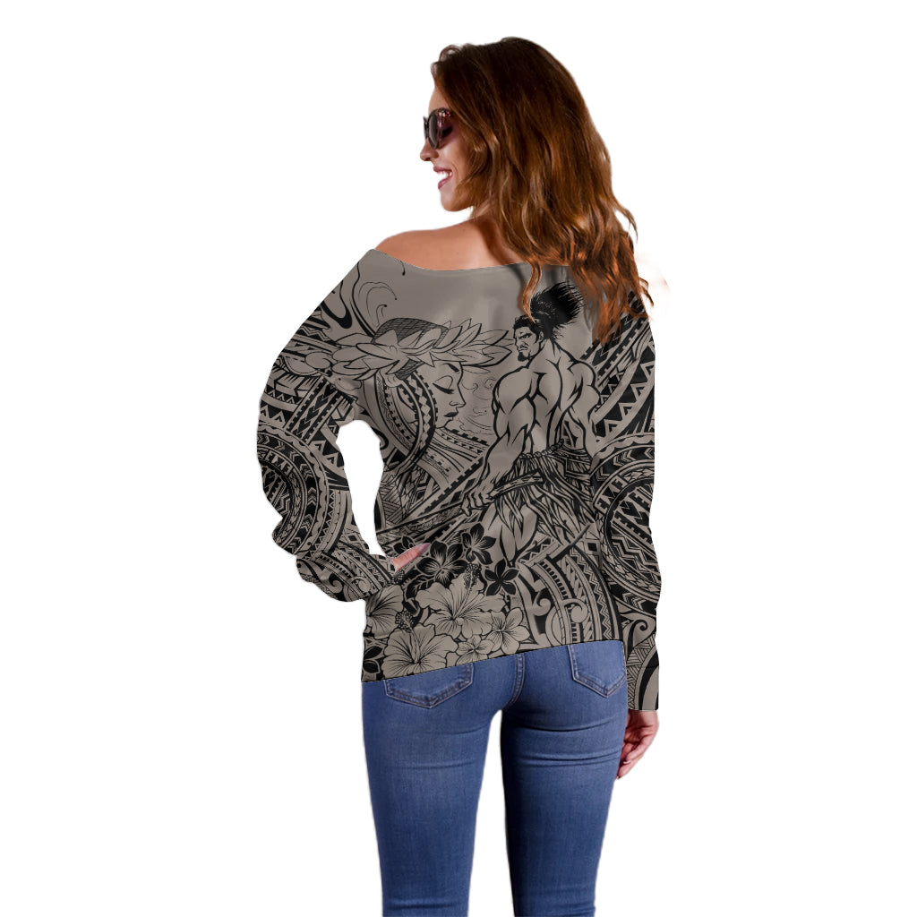 Beauty and The Warrior Polynesian Valentine Off Shoulder Sweater Hibiscus FLowers Brown Style LT9 - Polynesian Pride