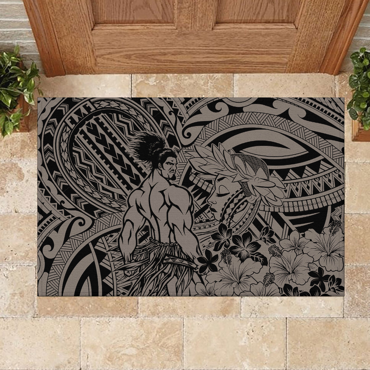 Beauty and The Warrior Polynesian Valentine Rubber Doormat Hibiscus FLowers Brown Style LT9 - Polynesian Pride