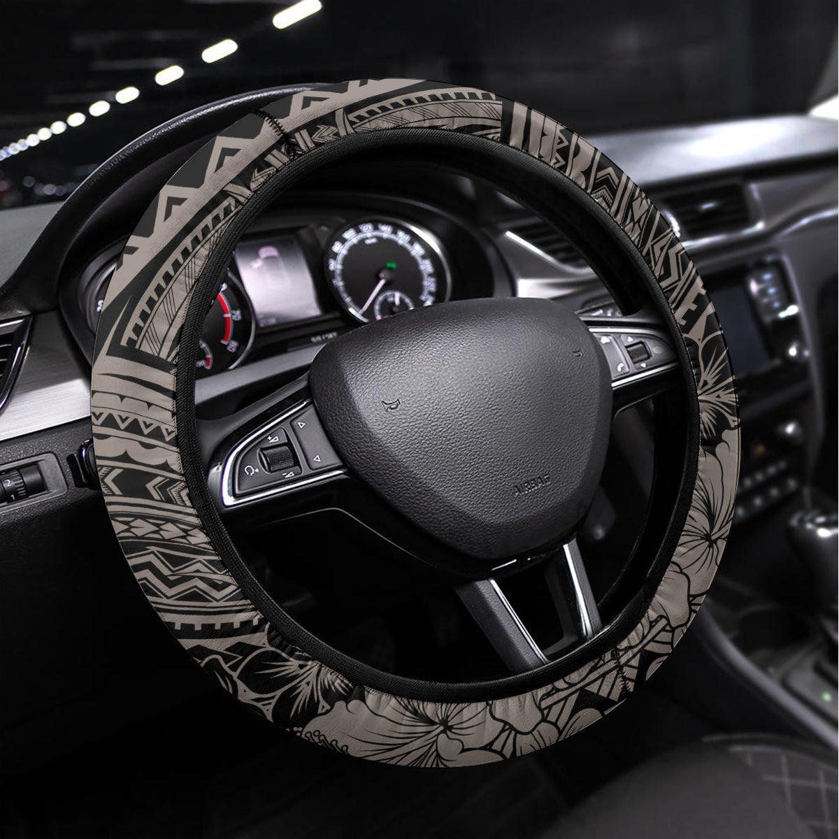 Beauty and The Warrior Polynesian Valentine Steering Wheel Cover Hibiscus FLowers Brown Style LT9 Universal Fit Brown - Polynesian Pride