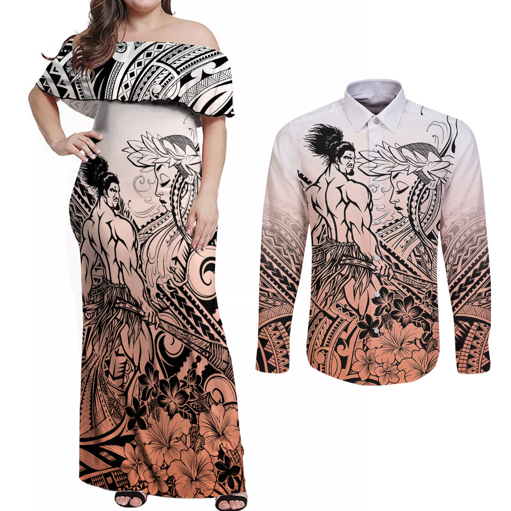 Beauty and The Warrior Polynesian Valentine Couples Matching Off Shoulder Maxi Dress and Long Sleeve Button Shirt Hibiscus FLowers Orange Style LT9 Orange - Polynesian Pride