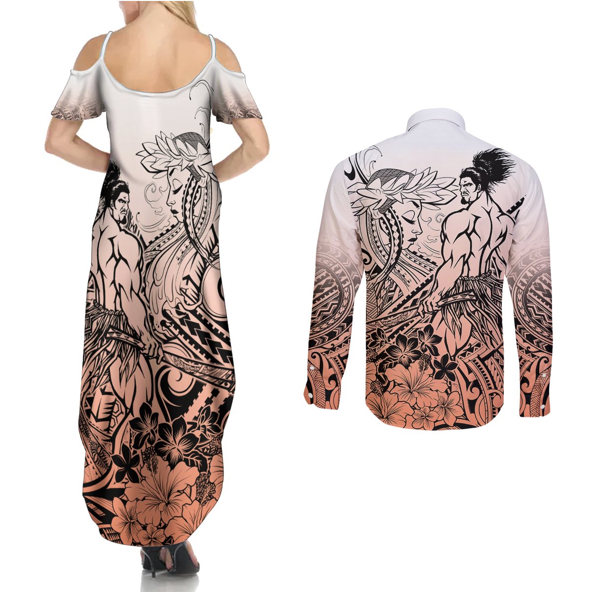 Beauty and The Warrior Polynesian Valentine Couples Matching Summer Maxi Dress and Long Sleeve Button Shirt Hibiscus FLowers Orange Style LT9 - Polynesian Pride