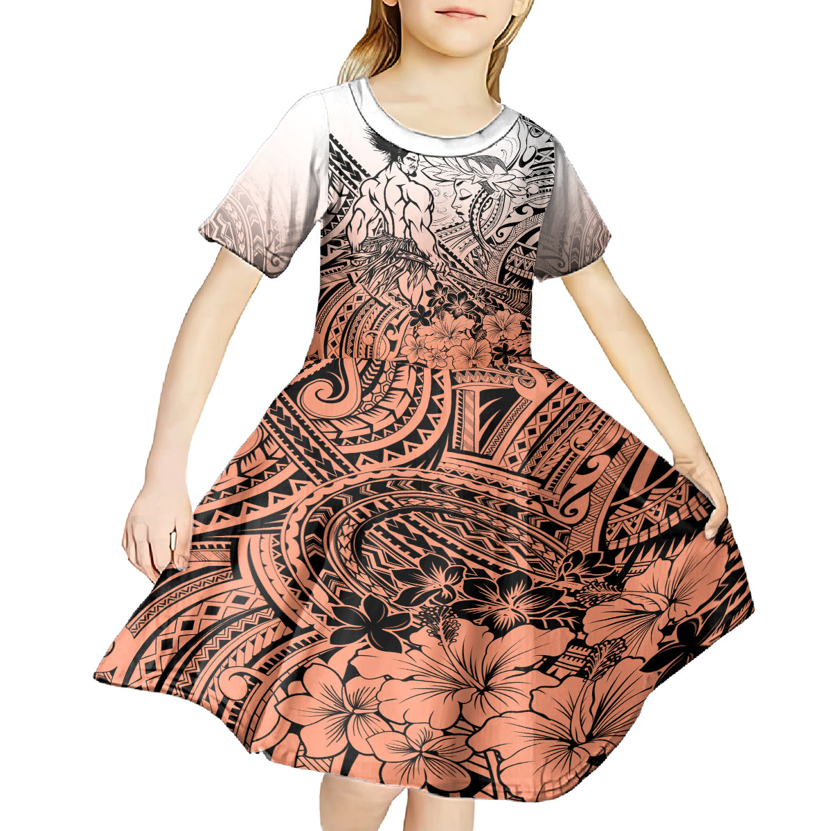 Beauty and The Warrior Polynesian Valentine Kid Short Sleeve Dress Hibiscus FLowers Orange Style LT9 - Polynesian Pride