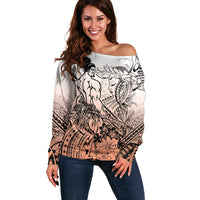 Beauty and The Warrior Polynesian Valentine Off Shoulder Sweater Hibiscus FLowers Orange Style LT9 Women Orange - Polynesian Pride