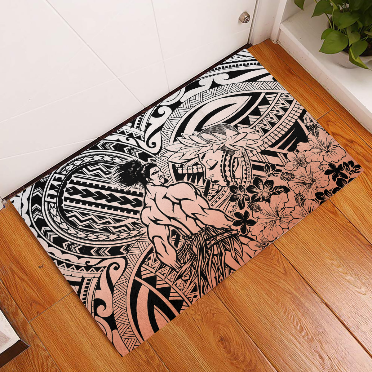 Beauty and The Warrior Polynesian Valentine Rubber Doormat Hibiscus FLowers Orange Style LT9 Orange - Polynesian Pride