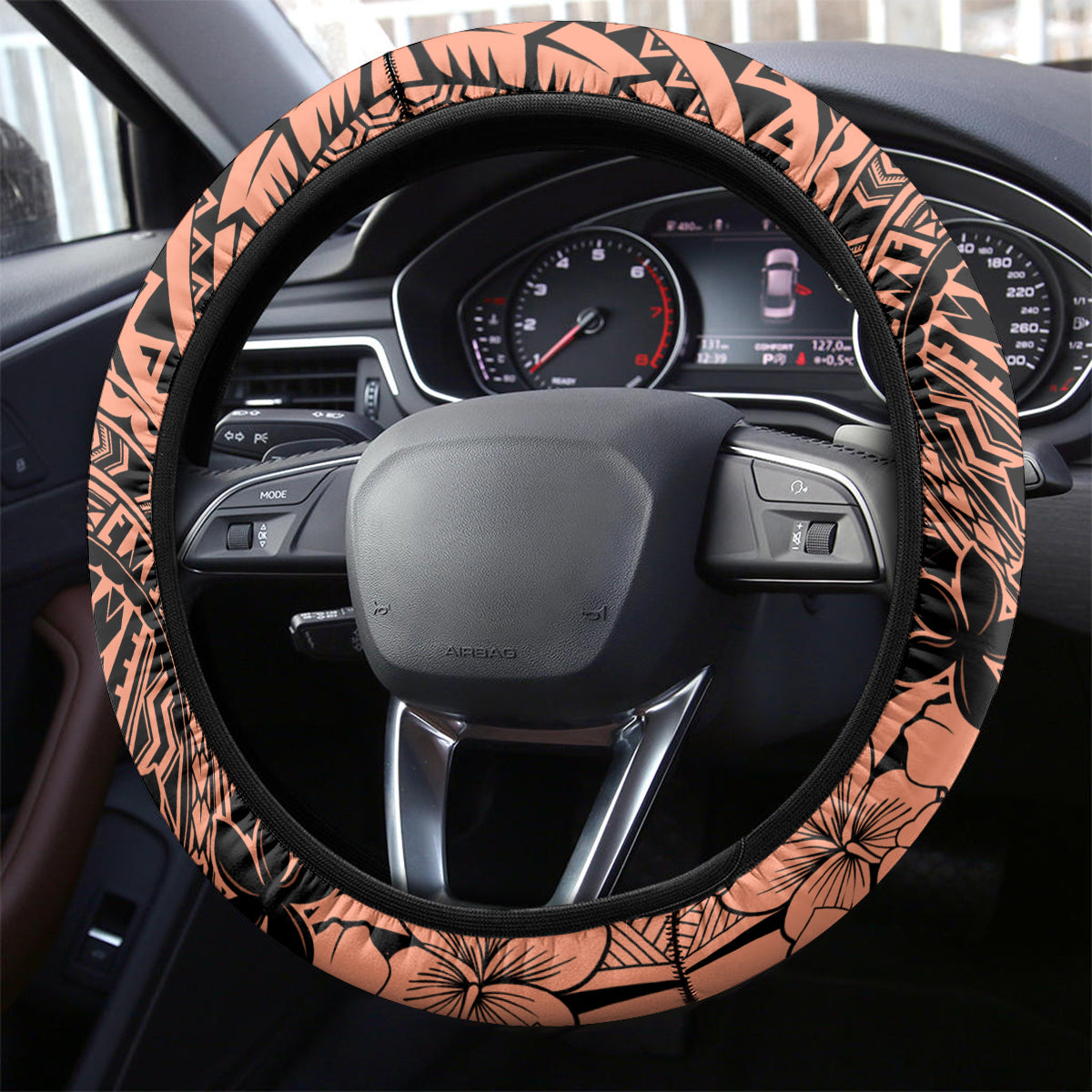 Beauty and The Warrior Polynesian Valentine Steering Wheel Cover Hibiscus FLowers Orange Style LT9 - Polynesian Pride