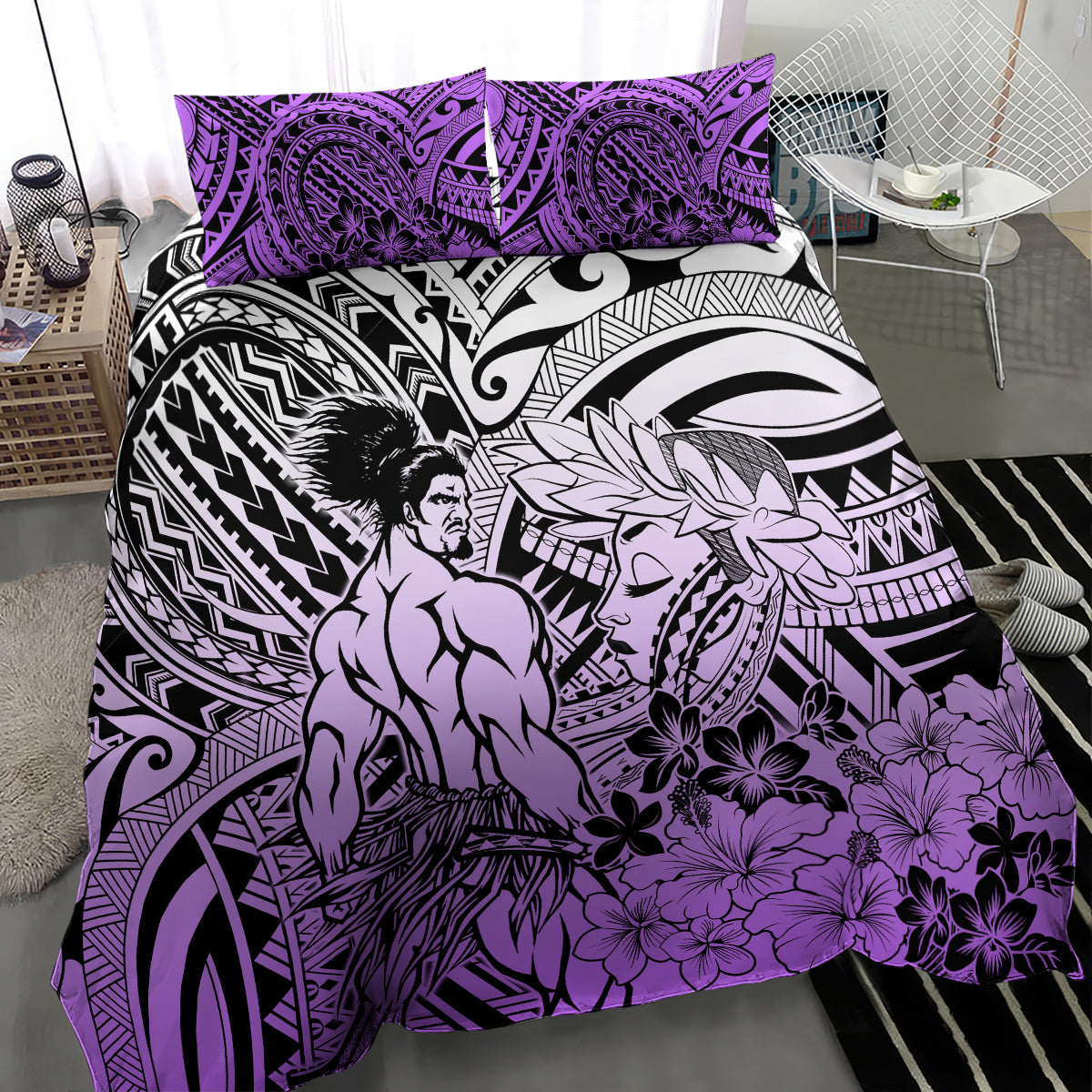 Beauty and The Warrior Polynesian Valentine Bedding Set Hibiscus FLowers Purple Style LT9 - Polynesian Pride