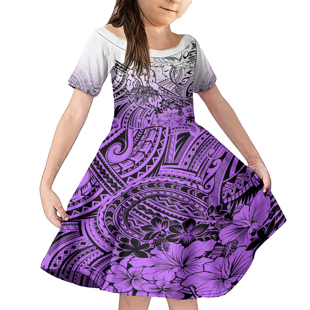 Beauty and The Warrior Polynesian Valentine Family Matching Tank Maxi Dress and Hawaiian Shirt Hibiscus FLowers Purple Style LT9 Daughter's Dress Purple - Polynesian Pride