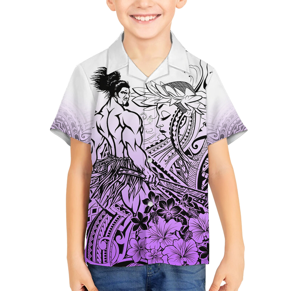 Beauty and The Warrior Polynesian Valentine Family Matching Tank Maxi Dress and Hawaiian Shirt Hibiscus FLowers Purple Style LT9 Son's Shirt Purple - Polynesian Pride