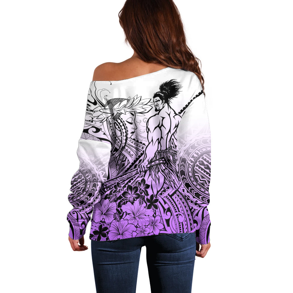 Beauty and The Warrior Polynesian Valentine Off Shoulder Sweater Hibiscus FLowers Purple Style LT9 - Polynesian Pride